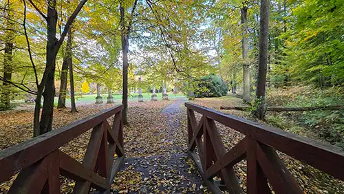 Widok z drewnianego mostka na rząd zabytkowych kolumn w głębi jesiennego parku krajobrazowego Antonin.